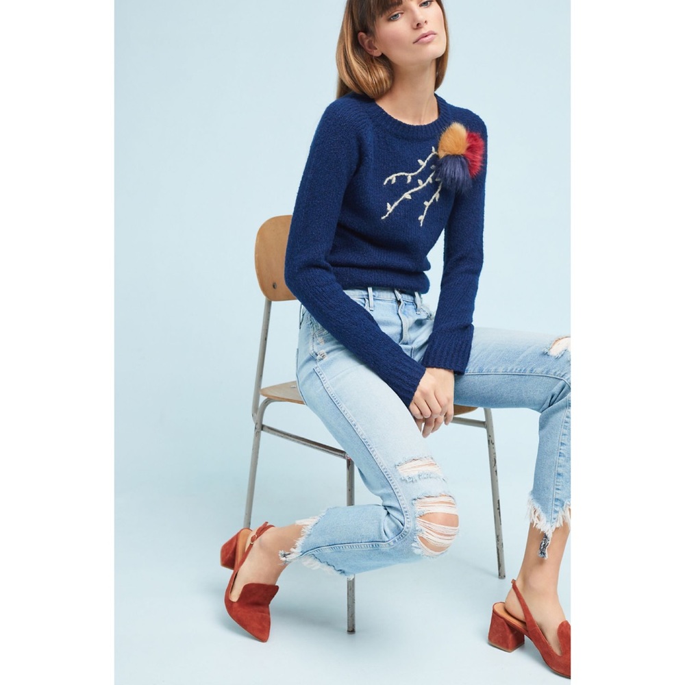 Anthropologie Navy Crewneck Sweater with Multicolor Pom Detail - Picture 8 of 8